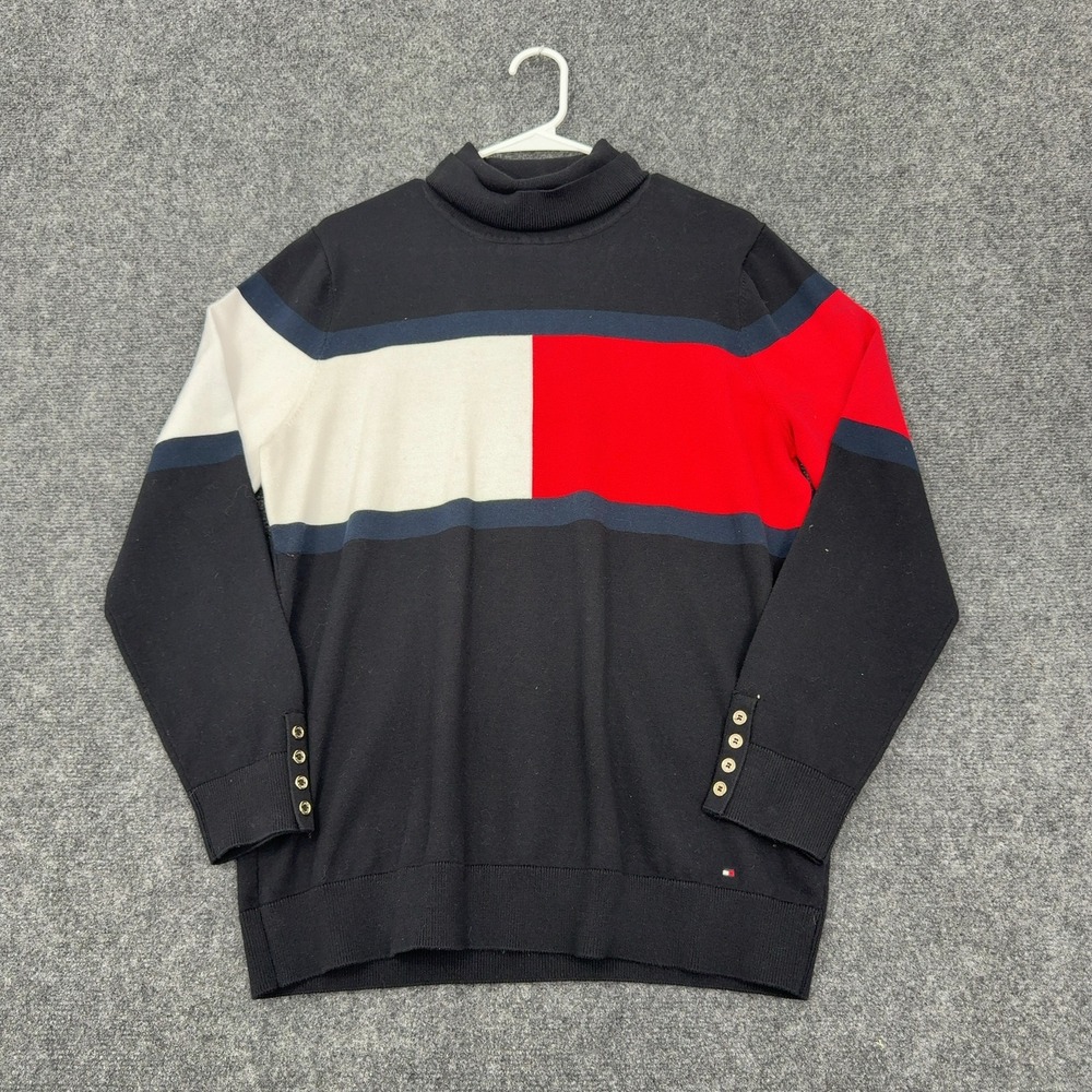 Tommy Hilfiger Sweater Womens XL Navy Cotton Colorblock Turtleneck Preppy Style